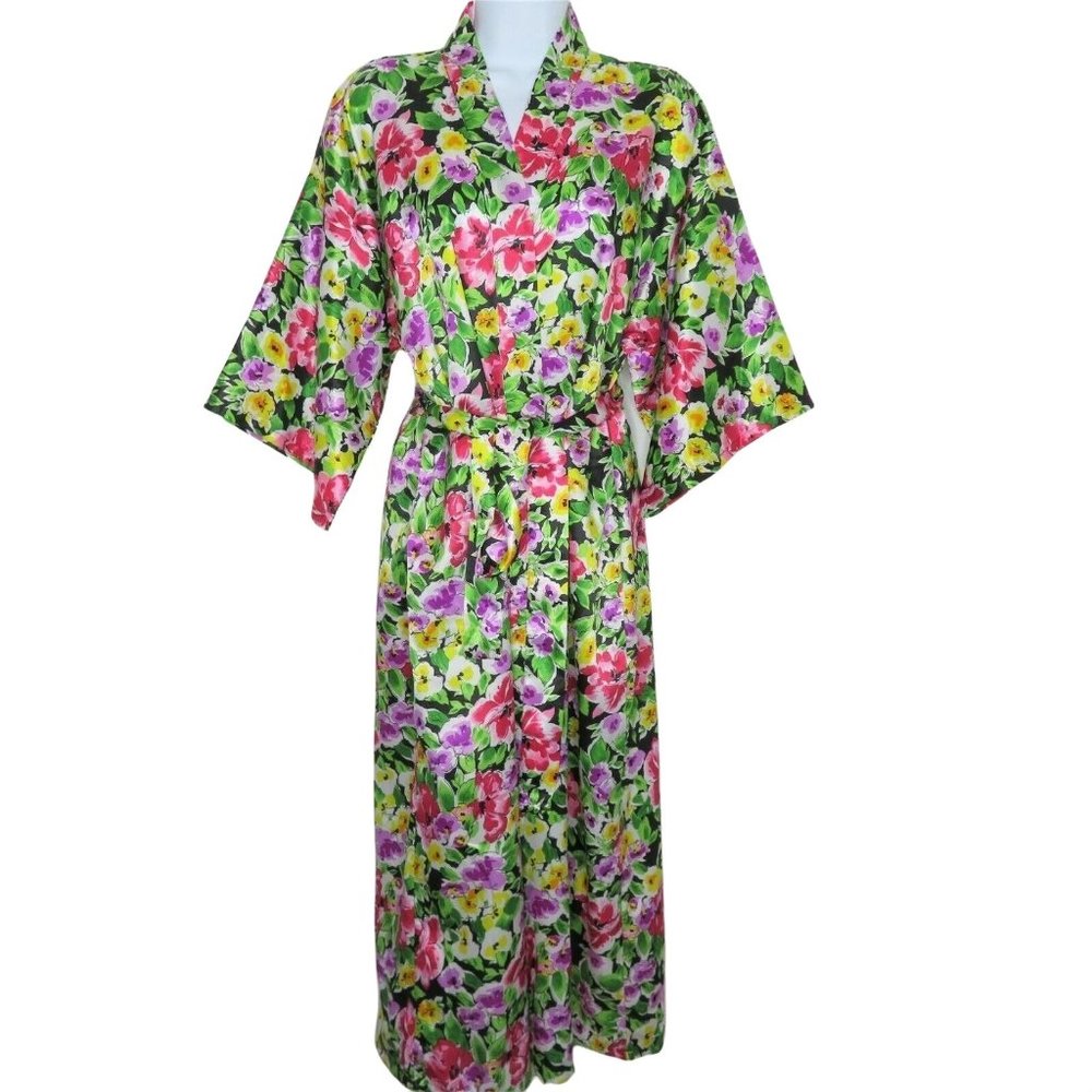 Vintage 80s Full Length Satin Kimono Dressing Robe L Multicolor Belted Pockets